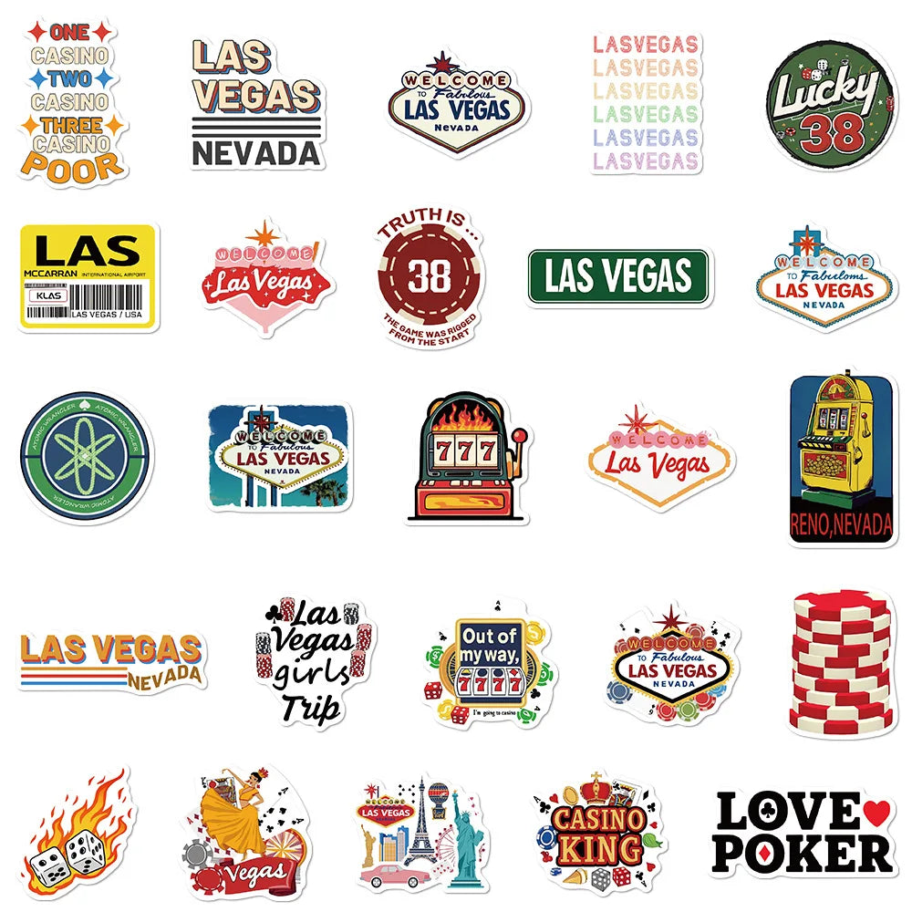 50Pcs Las Vegas Stickers Lucky Las Vegas Dice Stickers Decoration Scarpbook Skateboard Laptop Notebook Waterproof Stickers