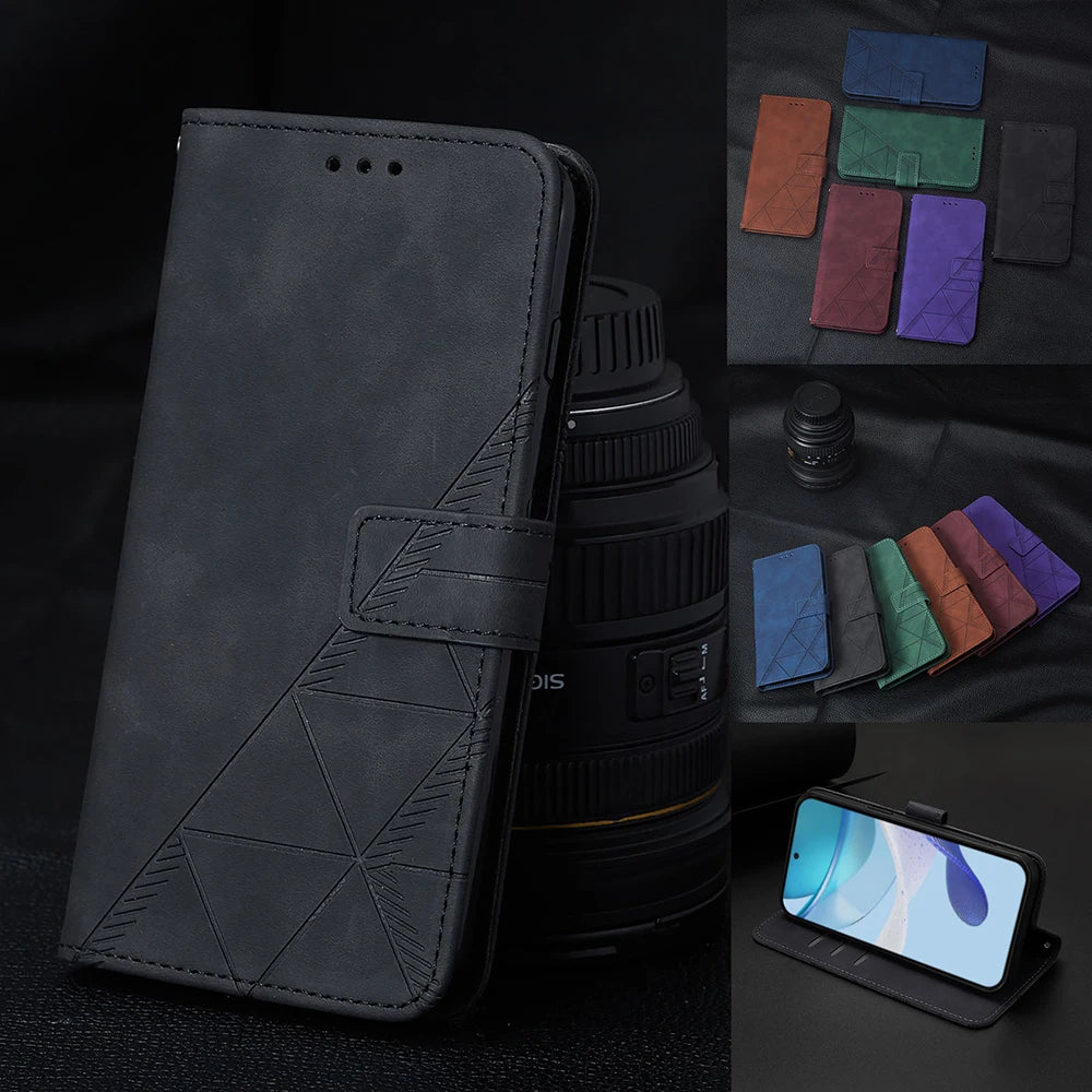 Geometric Leather Wallet Case For ZTE Blade A76 A75 A73 A55 A53 Plus A52 A35 Core V60 V80 Vita Nubia Focus 2 Ultra Calf P9 Pro