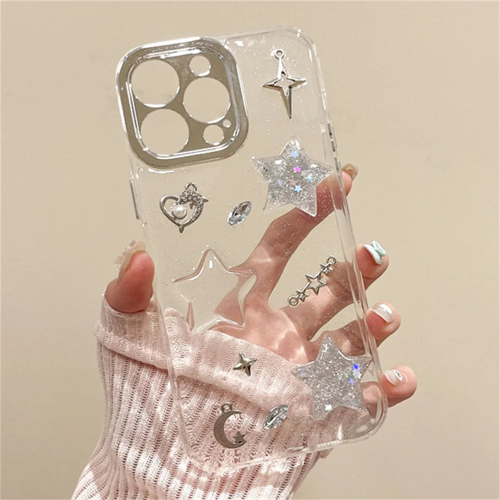Luxury Silicone Glue Drip Glitter Star Moon Phone Case For iPhone 16 15 14 Plus 13 12 11 Pro Max Cute 3D Clear Shockproof Cover