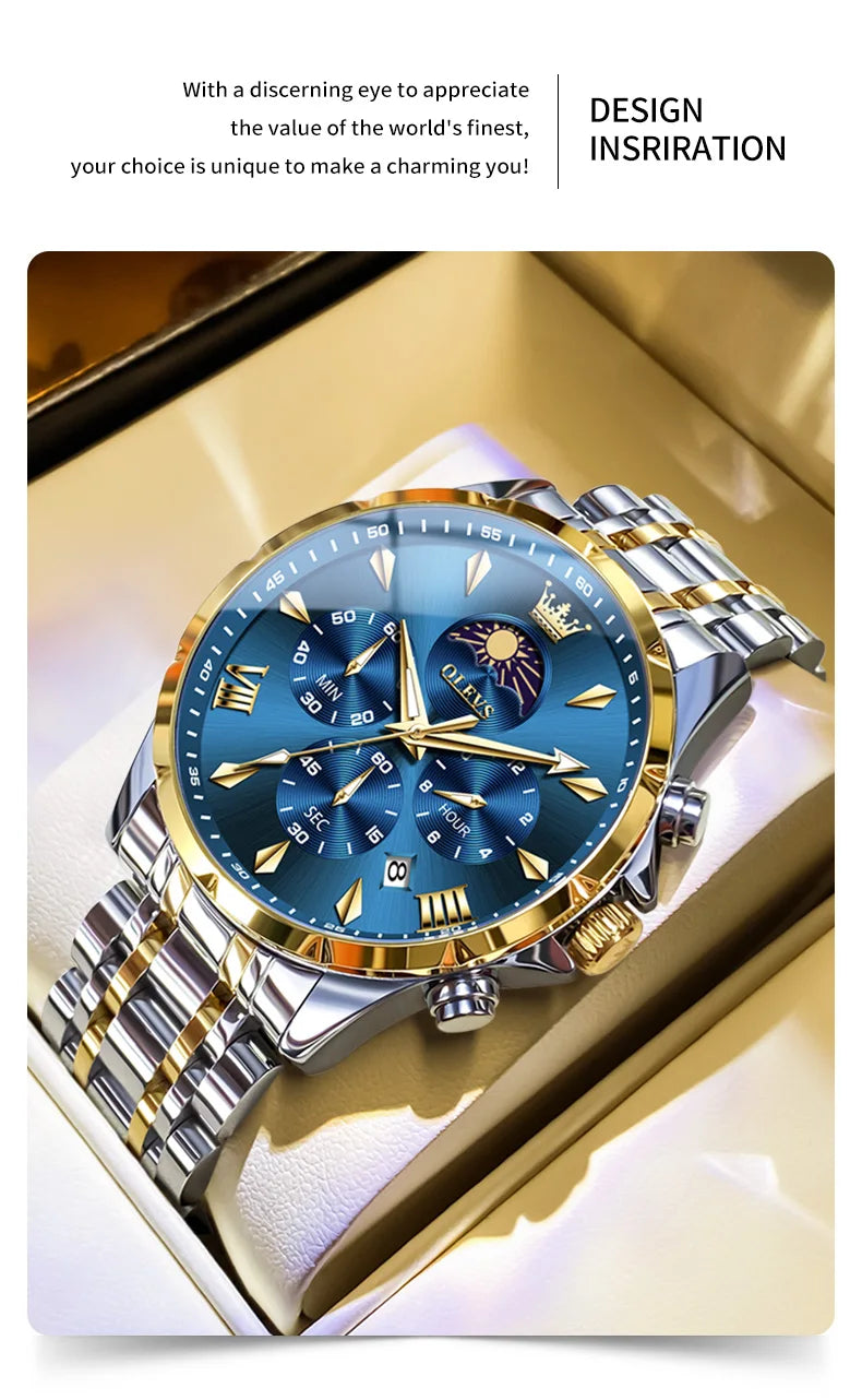OLEVS 3653 Luminous Chronograph Stainless Steel Quartz Watch for Men Waterproof Sports Calendar Date Wristwatches Reloj Hombre