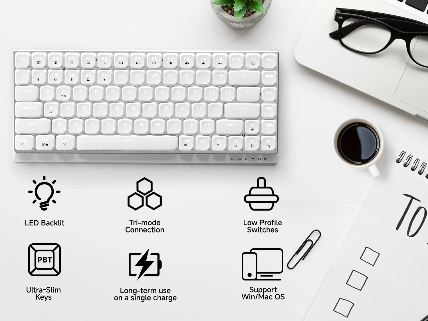EWEADN MK84 Low-Profile Mechanical Gaming Keyboard, Wireless Bluetooth Tri-mode, Portable, Stylish Design for Gaming & Office