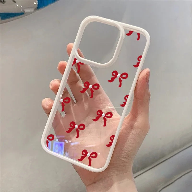 Cute Red Pink Bow Phone Case For Xiaomi Redmi 14C 13C 12C 4G Poco X6 X5 Pro Redmi Note 12 11 13 Pro Plus 5G Clear Silicone Cover
