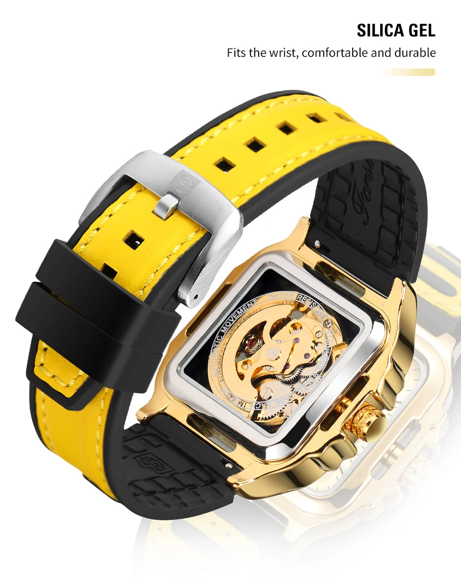 FORSINING Original Square Skeleton Mechanical Man Wristwatches Automatic Movement Field Sports Waterproof Silicone Replica Watch