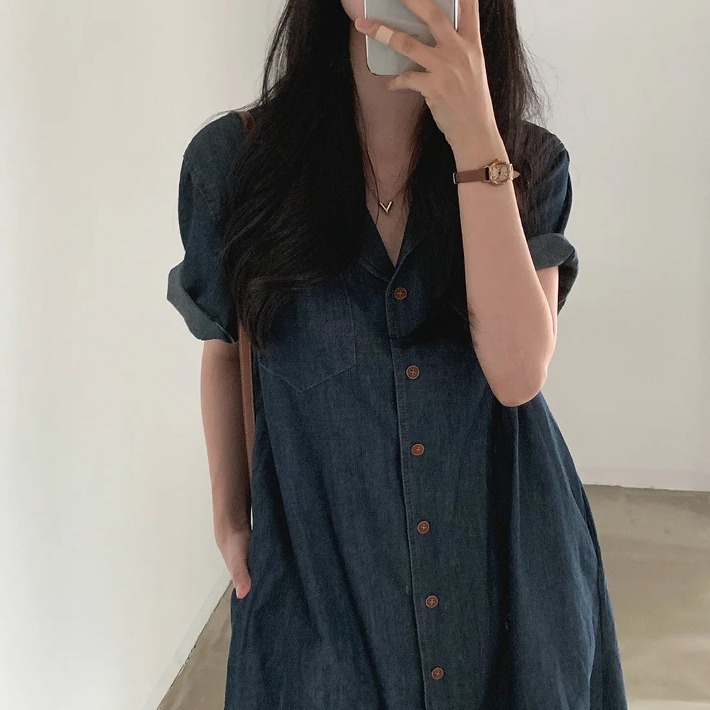 Slimming Chic Retro Chic Long Dr with Belt High Waist A-Line Skirt ort Sve Korean Sle Commute Dr Denim Dr