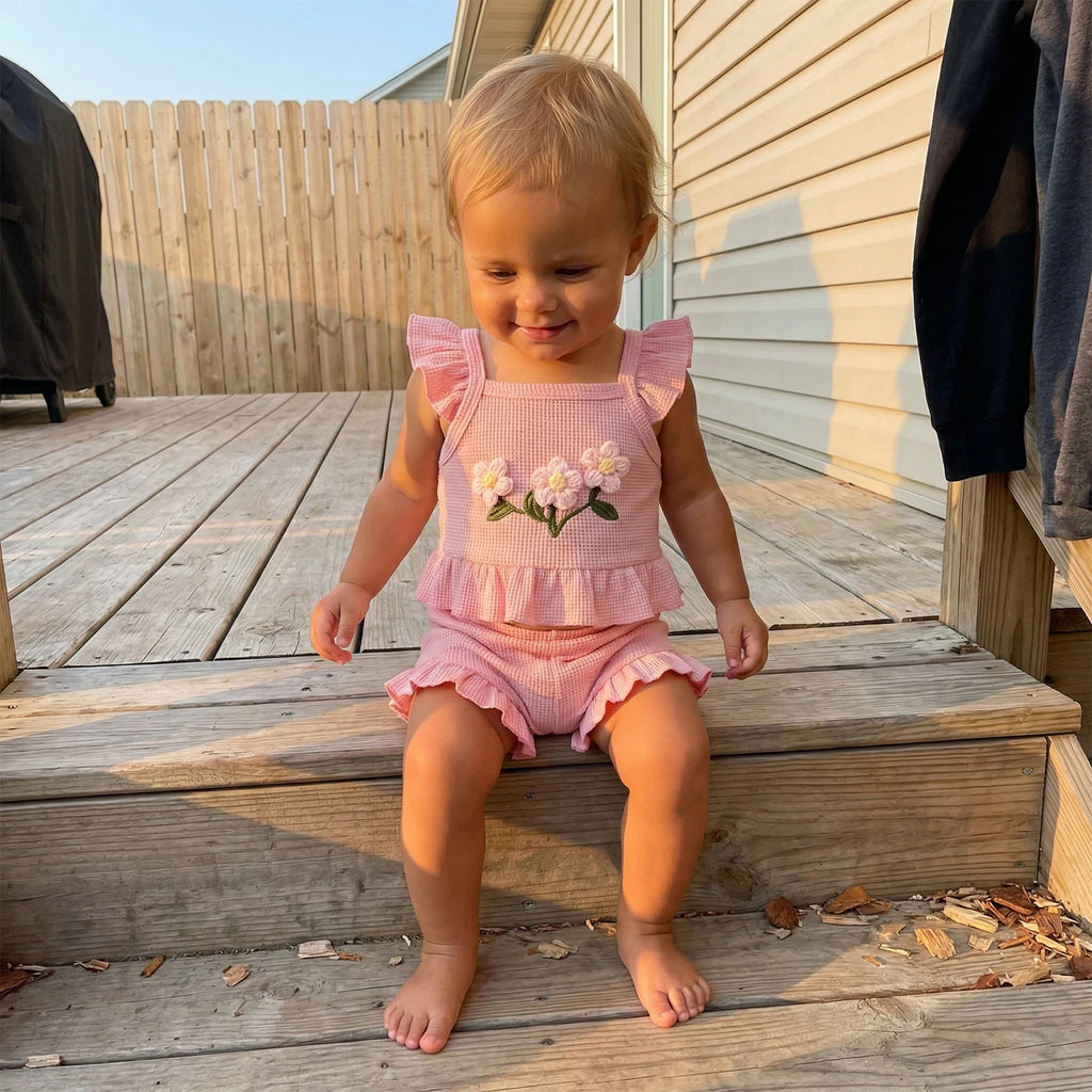 Toddler Kids Baby Girls Summer Clothing Outfits 3D Flower Ruffles Hem Fly Sleeve Tanks Tops Elastic Waist Shorts Holiday Clothes