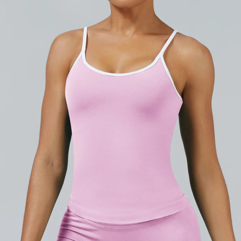 Women Color Blocking Gym Sports Short Tops Summer Yoga Fitness Sexy Backless Knit Camis with Chest Cushion Suspender