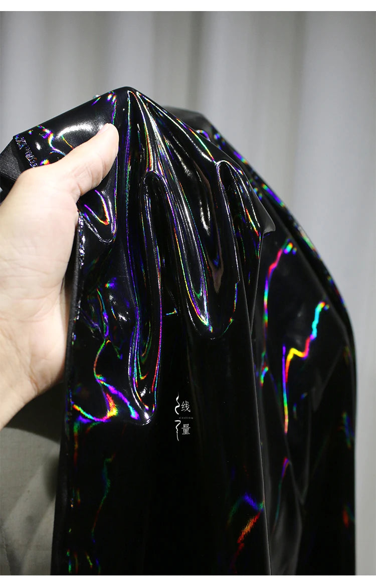 Black Iridescent Synthetic Leather Fabric Technology Oriented Micro Elastic TPU Fabrics Clothing Designer Cloth for Diy Sewing