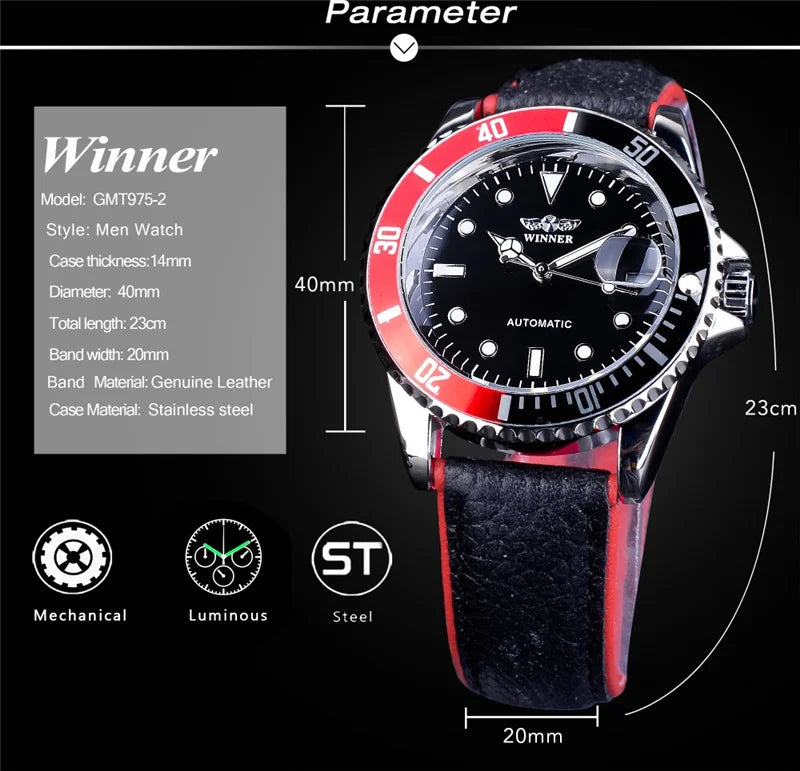 WINNER 002 Fashion Men's Mechanical Watch Luxury Style Calendar Night Light Business Black White Classic Men's Automatic Watch