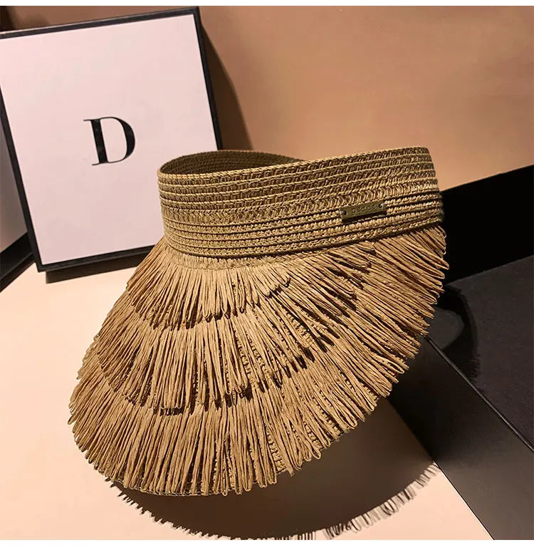 Designer Brand Sunscreen Tassel Straw Hats for Women Summer Empty Top Sun Hat Outdoor Pamama UV Protection Beach Sunshade Cap