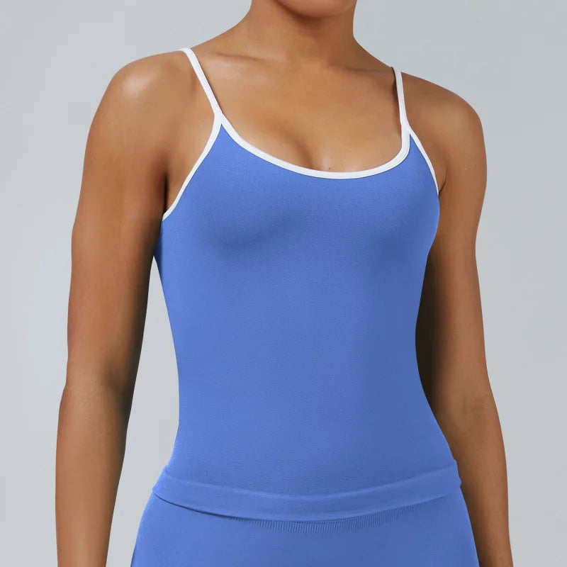 Women Color Blocking Gym Sports Short Tops Summer Yoga Fitness Sexy Backless Knit Camis with Chest Cushion Suspender