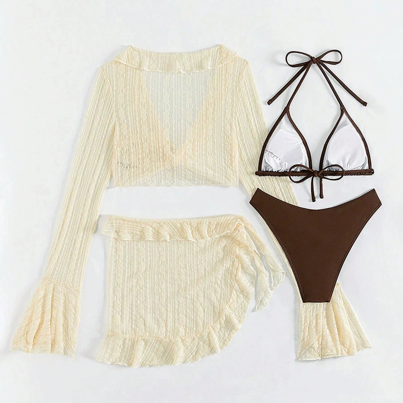 Yiiciovy 4PCS Swim Beach Bikini Set with Mesh Swimsuit Cover Ups Suits Women Sexy Boho Beachwear Long Sleeve Top Bikini Wrap Set
