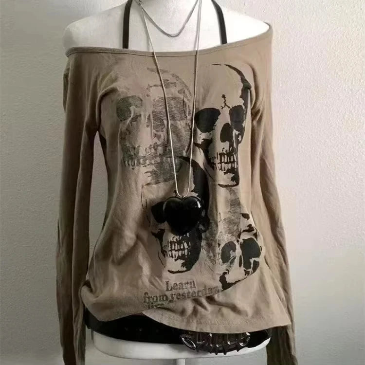 American Vintage Fake Two Pieces T-Shirt Women Streetwear Hip Hop Gothic Harajuku Grunge Y2k Crop Tops Black Skull Punk Tees