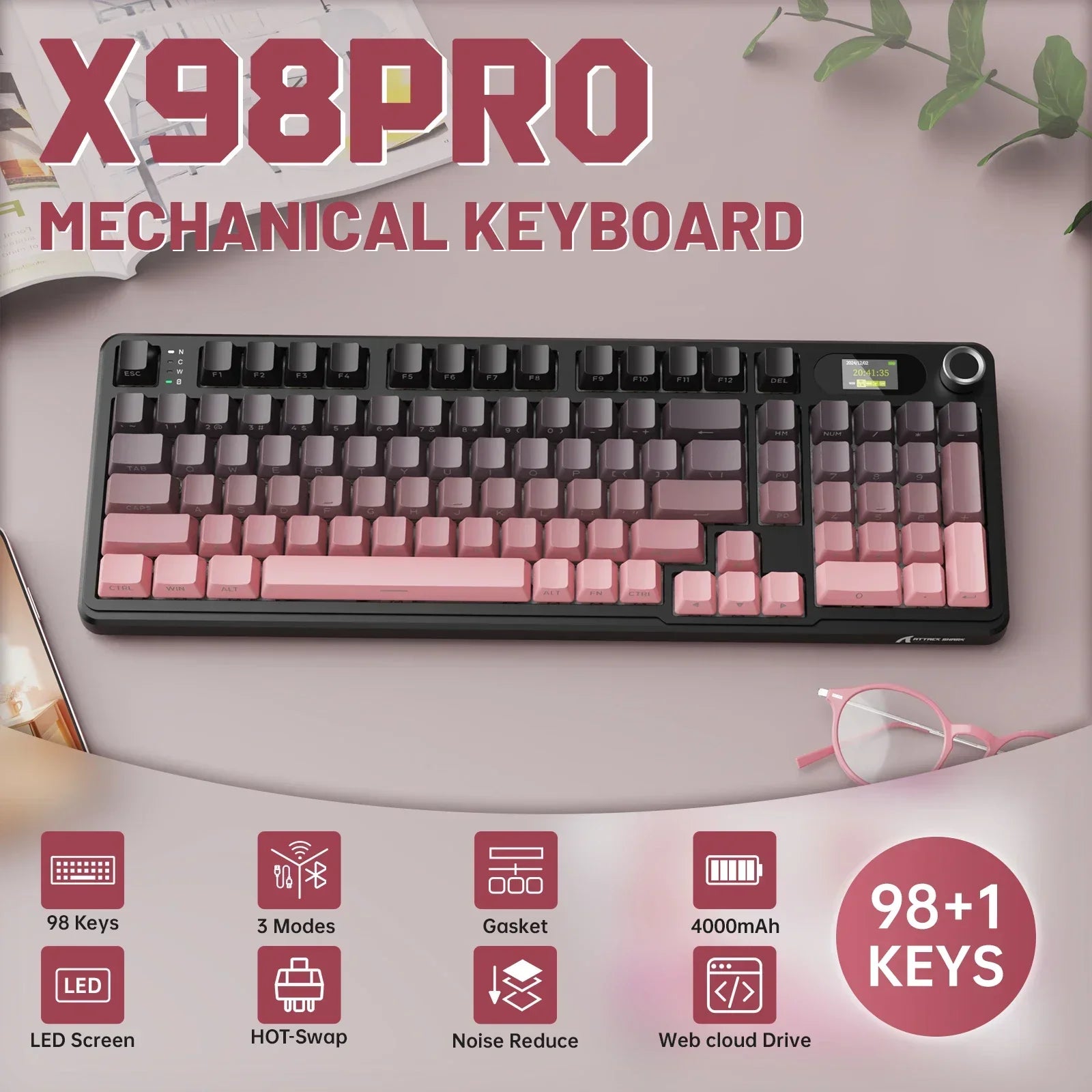 Attack Shark X98PRO 3-Mode RGB Bluetooth Wireless Mechanical Keyboard Full Key Hot-Swappable TFT Color Display Rotary Keyboard