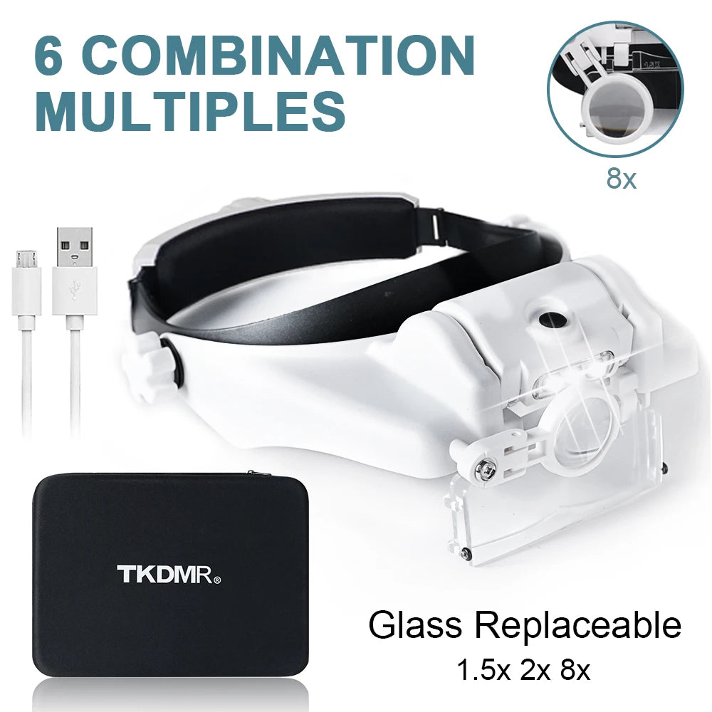 TKDMR USB Rechargeabl Head Mounted Binocular Eyewear Loupe Magnifier with 3LED Illuminated Headband Magnifying Glass For Reading