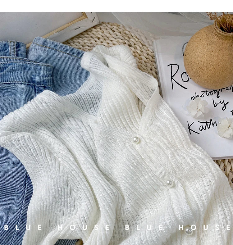Women 2026 Spring Summer Short Pearl Button Thin Casual Coat Gentle Ruffle Trim Long Sleeve Ice Silk Sunscreen Knitted Cardigan
