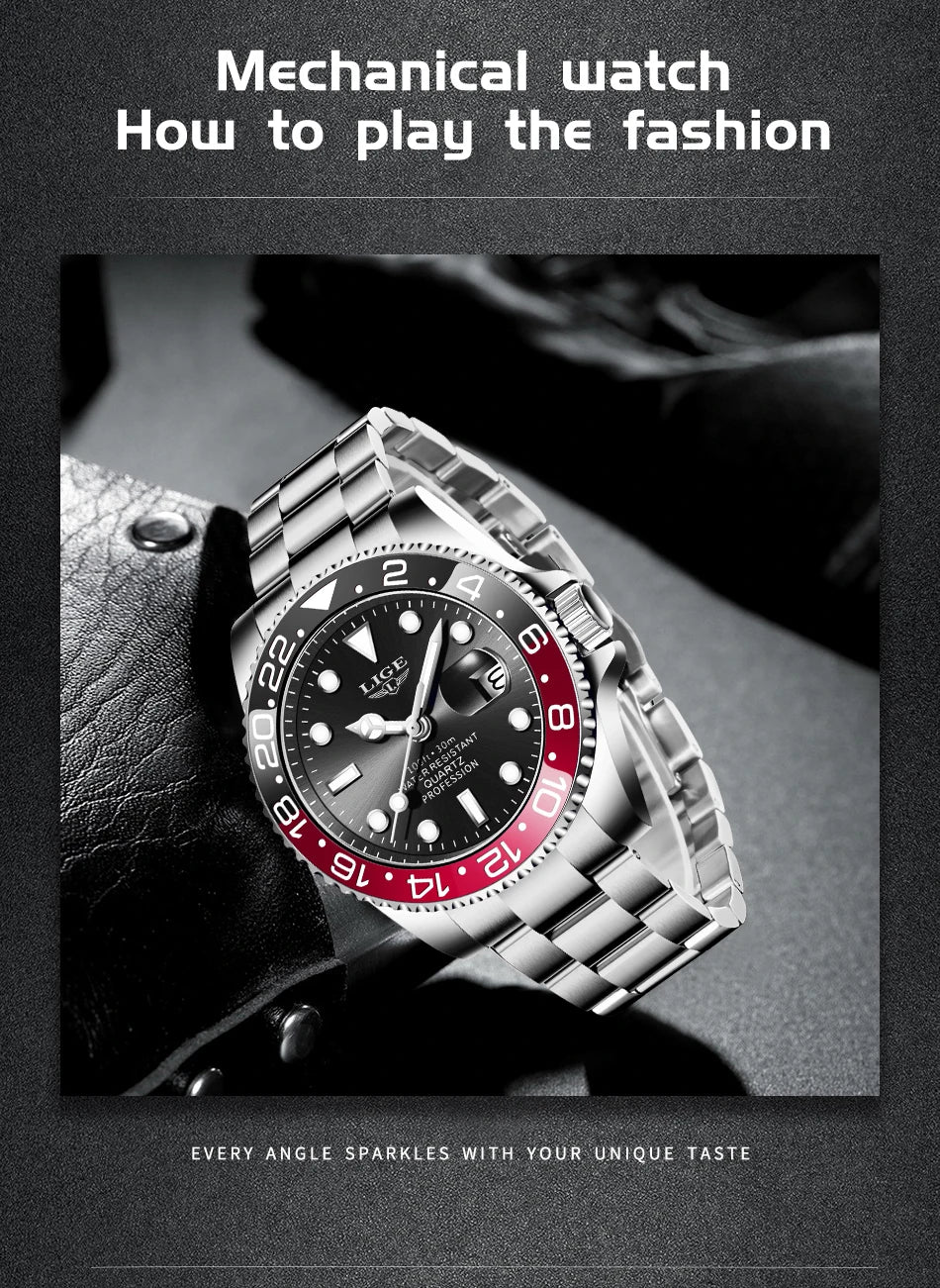 LIGE Top Brand Fashion Mens Watch Business Luxury Quartz Wristwatches Luminous Waterproof Steel Sports Watches Mens Gifts Reloj