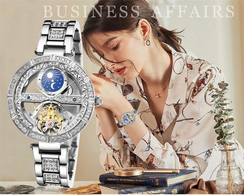Luxury Women's Waterproof Skeleton Tourbillon Mechanical Watches Night Glow Beauty Elegant Mechanical Watch For Women