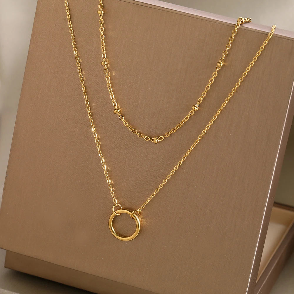 Stainless Steel Necklaces Trending Products Circle Pendant Bead Layer Chain Light Luxury Choker Fine Necklace For Women Jewelry
