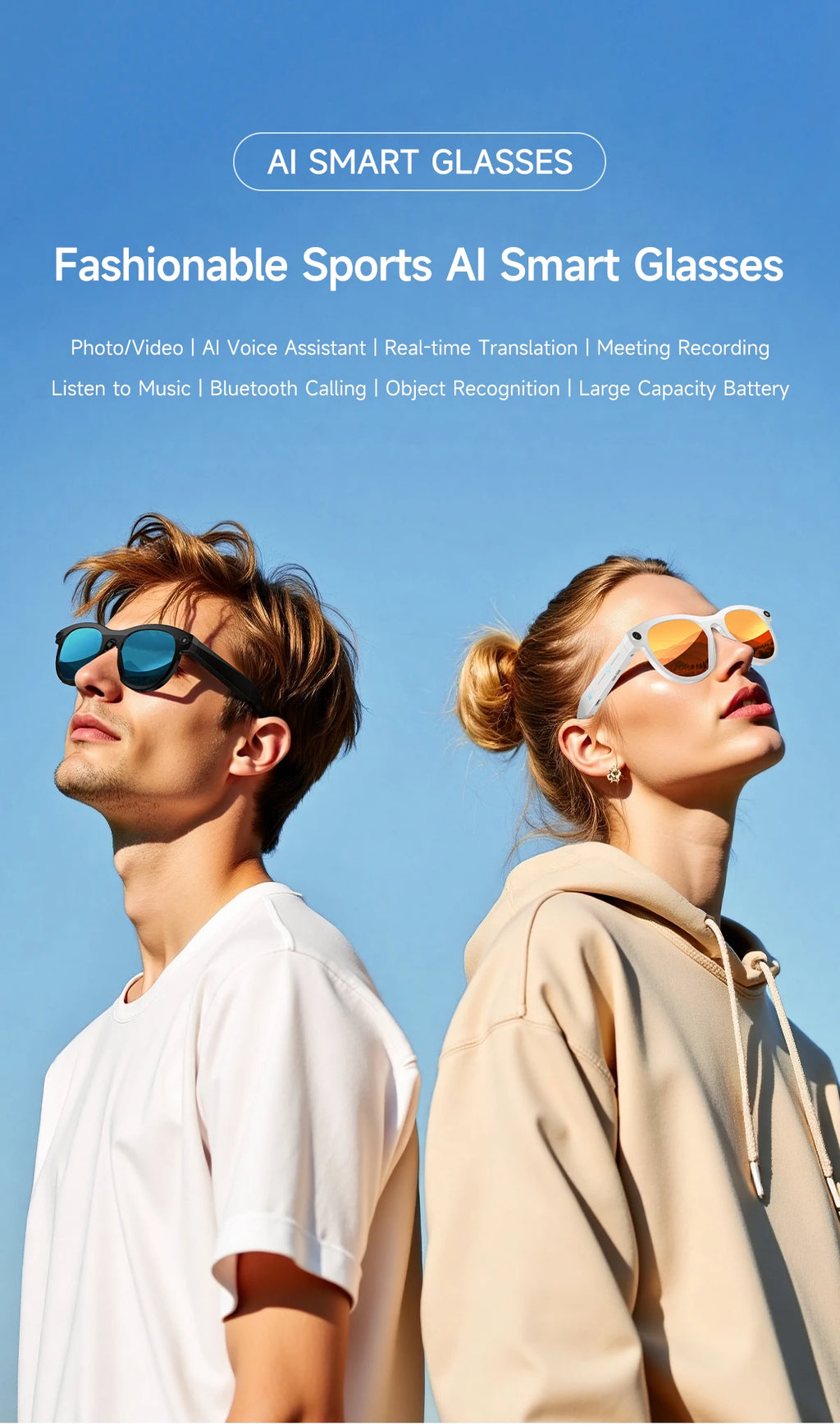 AI Smart Camera Glasses for Men And Women with Real-Time Translation Object Recognition Video Recording And Bluetooth Calling