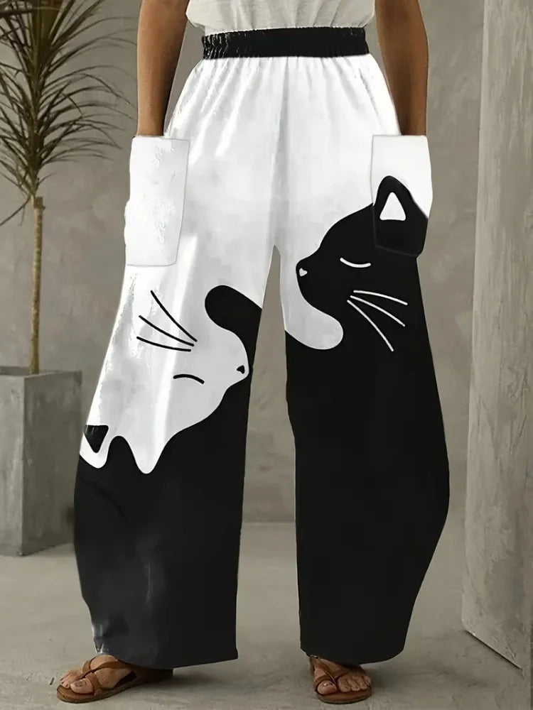 Loose Vintage Pants For Women Have Pocket Pants Cartoon New Fun Cat Animal Print Casual Women's Bloomers And Trendy Pants