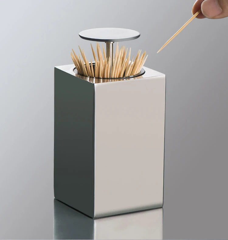 304 Stainless Steel Toothpick Holder Storage Box Press Bracket Automatic Spring Cover Cotton Swab Storage Box Home Decoration
