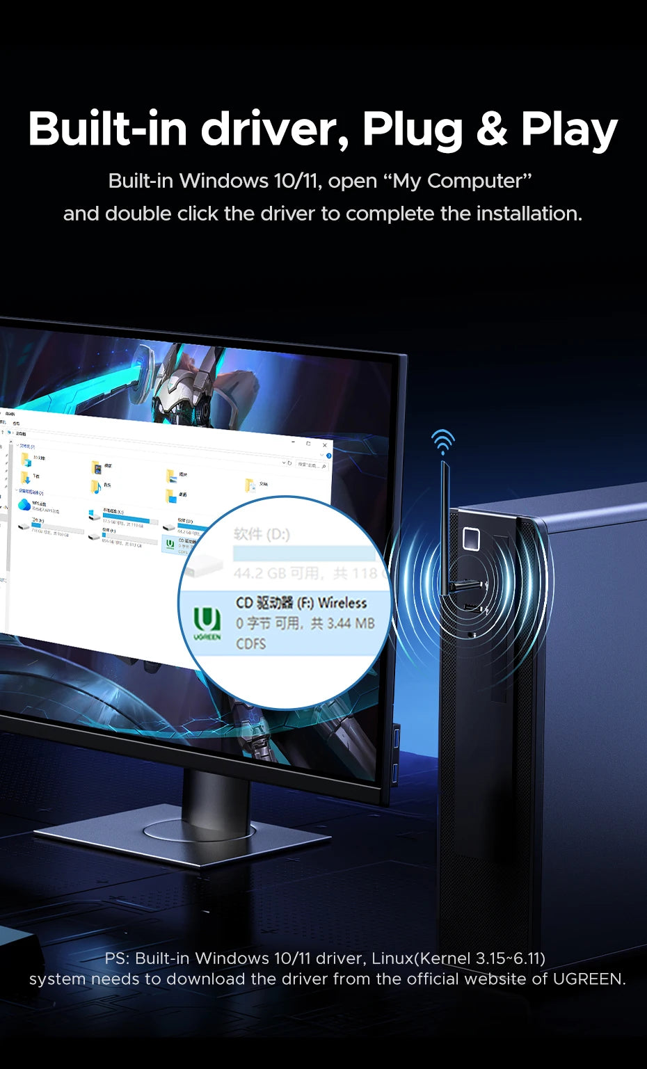 UGREEN WiFi Adapter Bluetooth Adater AX900 5G&2.4G Dual Band WiFi6 Dongle Adapter for Desktop PC Laptop Accessories 6dBi Antenna