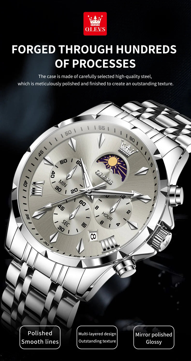 OLEVS 3653 Luminous Chronograph Stainless Steel Quartz Watch for Men Waterproof Sports Calendar Date Wristwatches Reloj Hombre