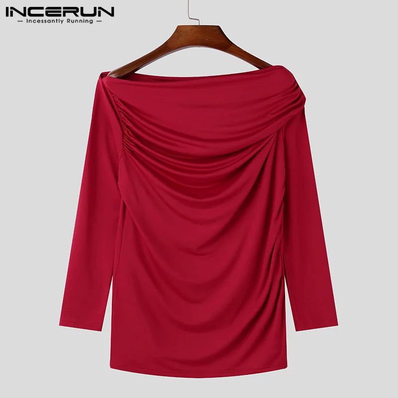 Sexy Fashion Style Tops INCERUN Men's Solid One-shoulder T-shirt Casual Clubwear Male Hot Sale Long Sleeved Camiseta S-5XL 2024