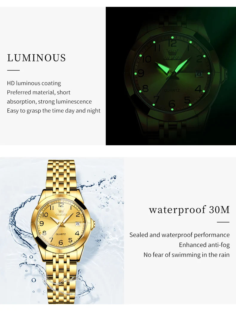 OLEVS 9970 Original Fashion Brand Quartz Couple Watch Luxury Stainless Steel Waterproof Glow Men's and Women's Gift Set Watch
