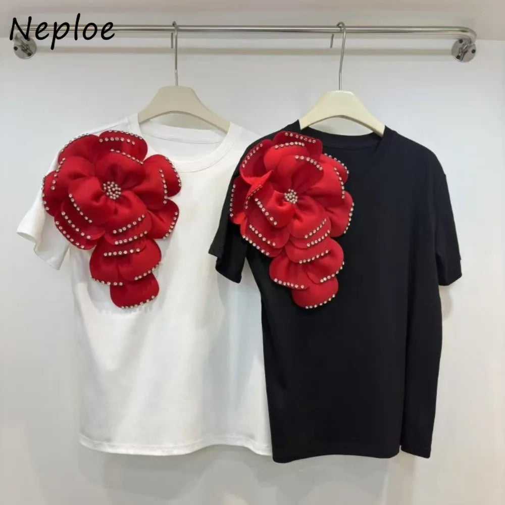 Neploe Advanced Fresh Loose Literary Shirt Women All-match Soft Simple Commuter Blouses 3D Flower Korea Chic Literary New Blusas