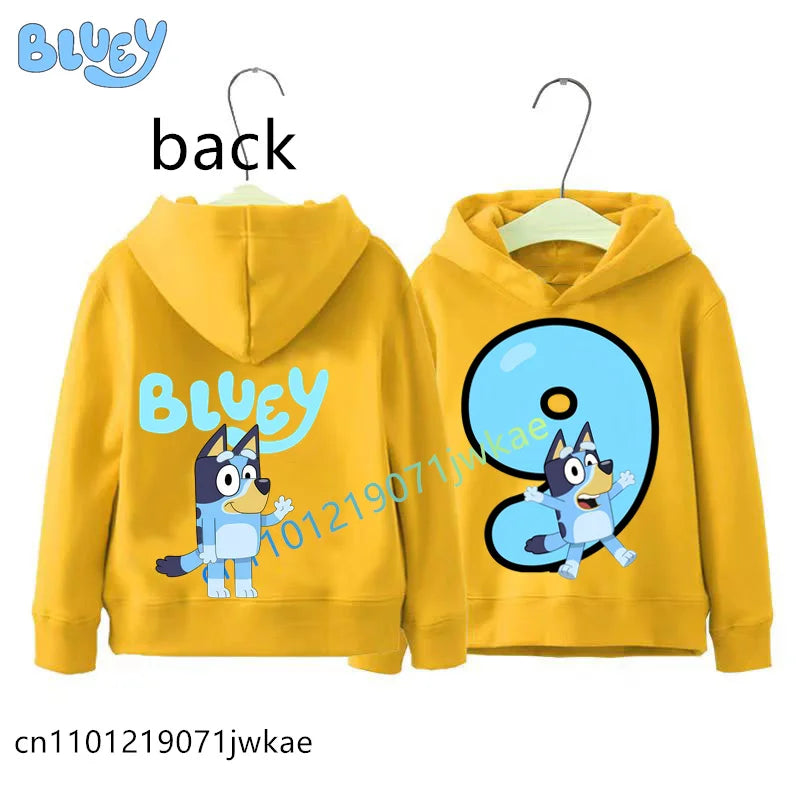 Bluey Birthday Number Print Hoodie Kids 1-9Y Front Back Design Long Sleeve Sweatshirt Boys Girls Casual Tops Birthday Party Wear