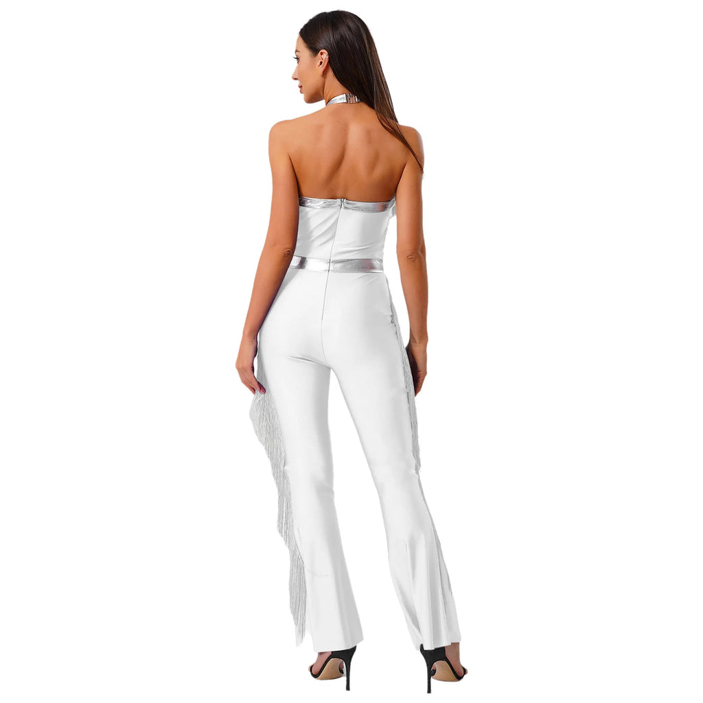 Womens 70s Disco Party Jumpsuit Halter Shiny Sequins Tassel Flared Pants Latin Jazz Dance Rompers Rave Festival Prom Clubwear