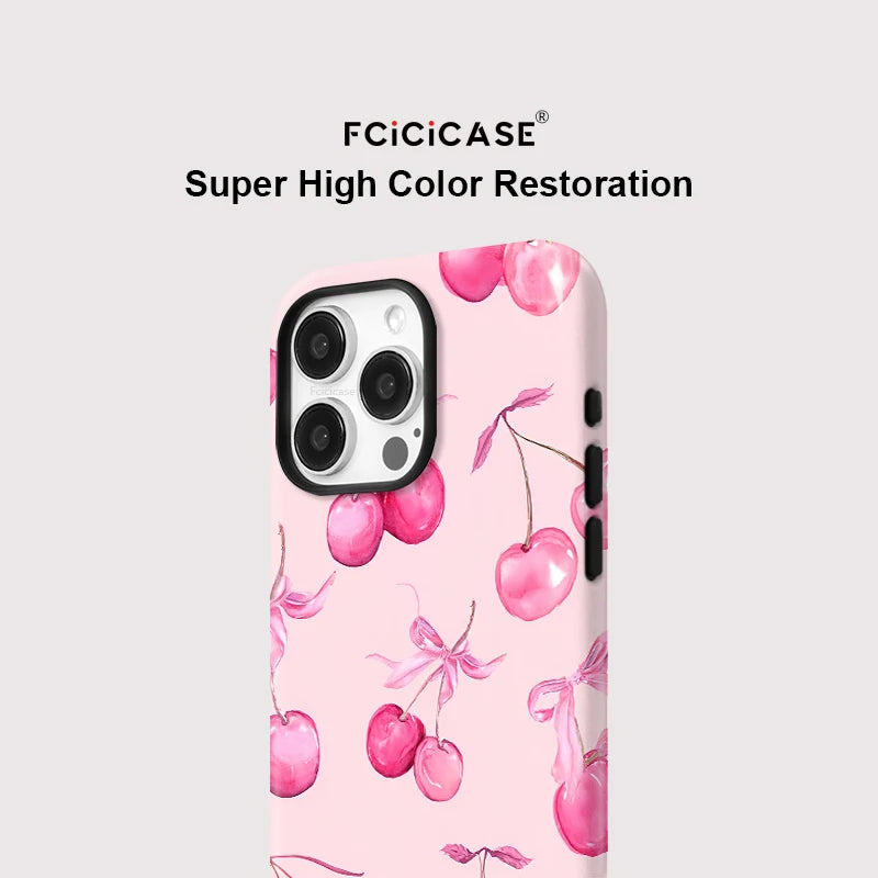 Fcicicase Phone Case For iPhone 16 Pro Max 15 14 Plus 13 12 11 Cherry For Magsafe Wireless Charge Magnetic Double-layer Cover