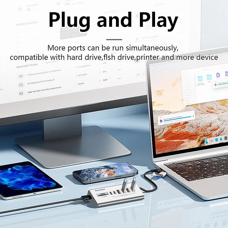 9 in 2 USB C Hub To USB 3.2 Aluminum Docking Station 10Gbps Type C 3.2 Splitter with SD/TF Card Reader for PC Laptop Tablet