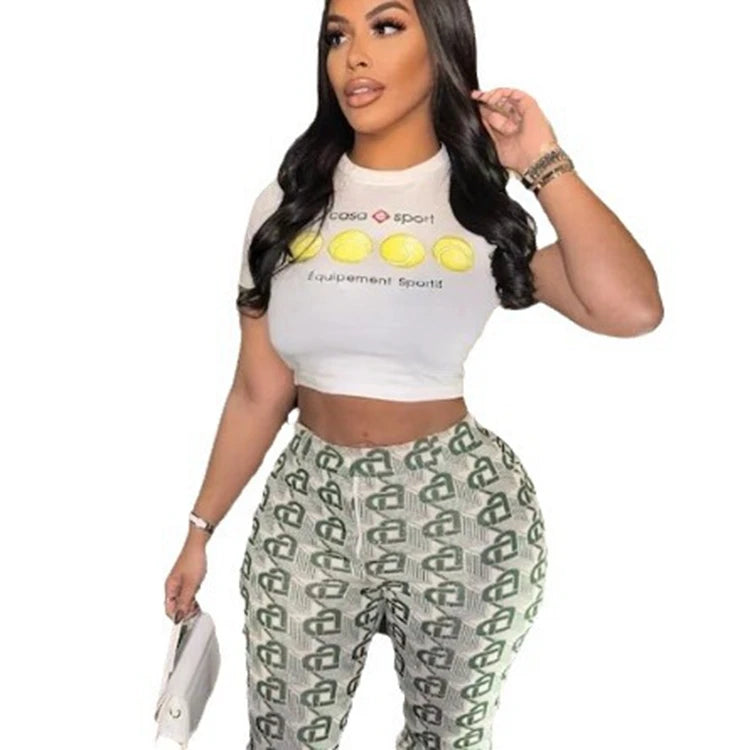STYLISH LADY Letter Printed Fitness 2 Piece Set Women Short Sleeve Crop Top and Skinny Pant Suits 2025 Casual Street Tracksuits