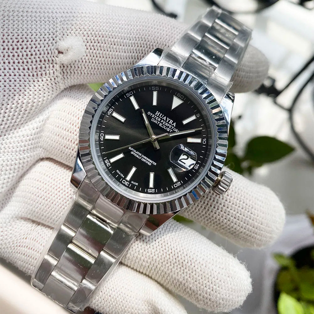 Luxury 41mm Men's Watch Black Dial Water-Resistant Date Function Chinese NH35 Movement Sports Stainless Steel Strap Steel Case