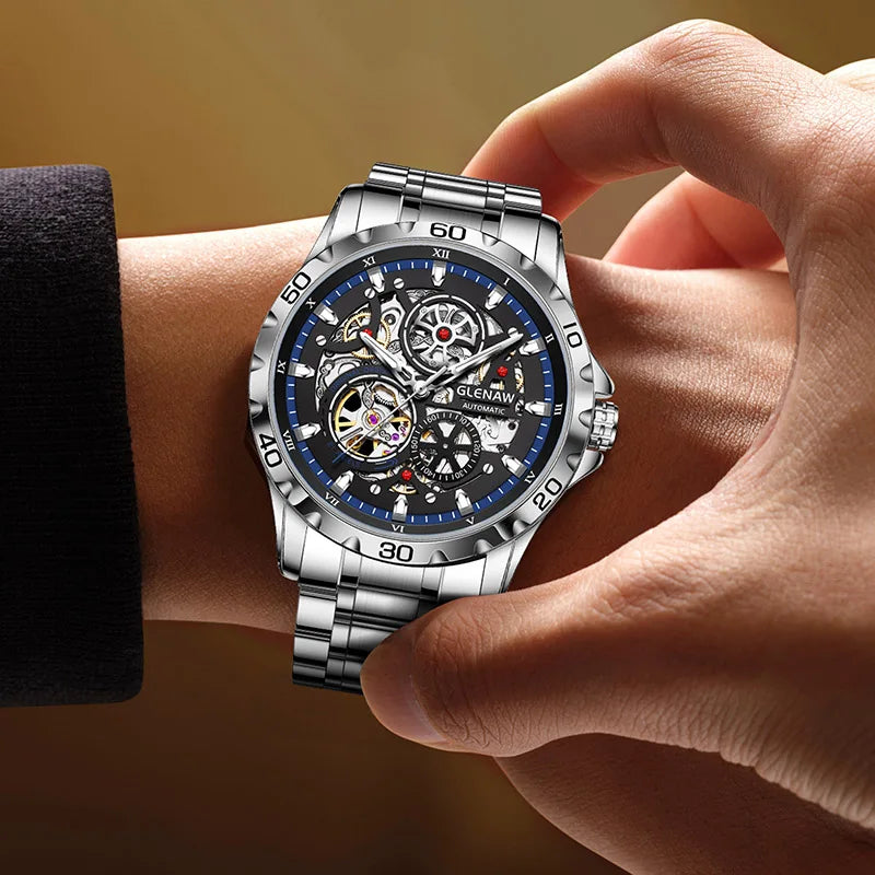 2025 GLENAW NEW Steampunk Skeleton Men Watch Luxury Automatic Mechanical Watches Luminous waterproof Stainless Steel Strap Watch
