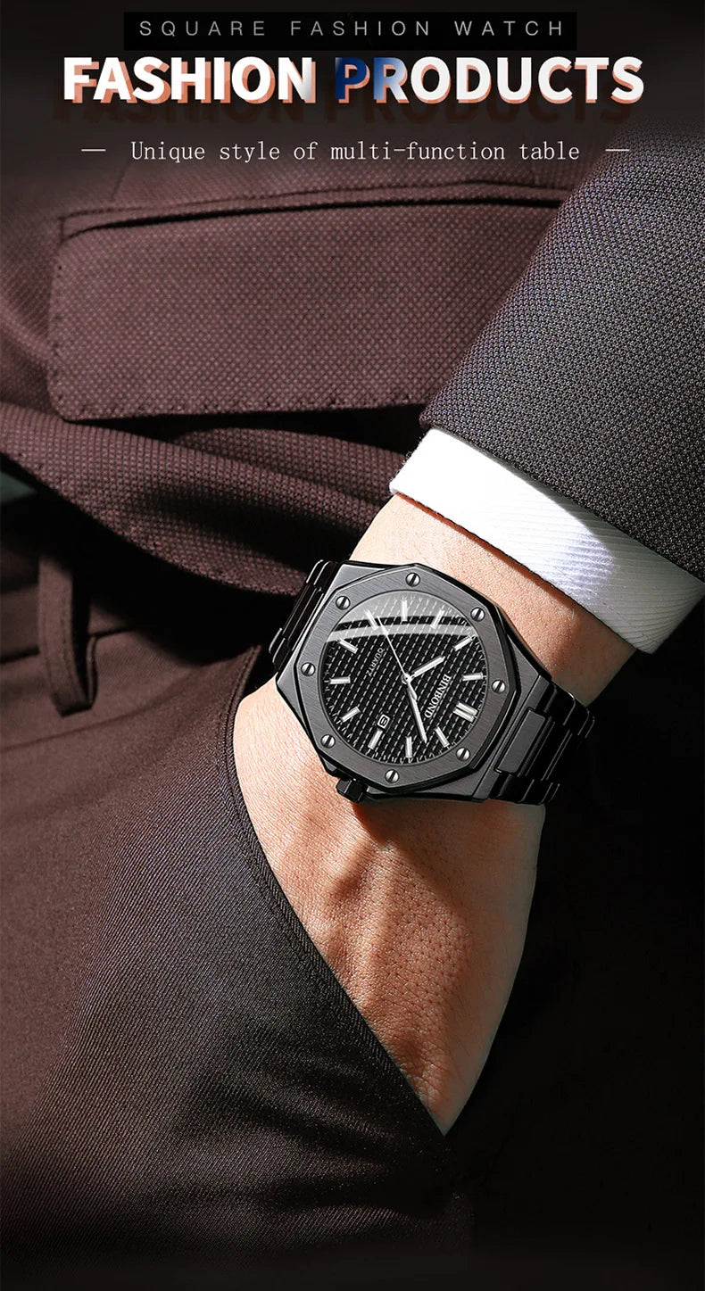 BINBOND 0233 Fashion Men's Watch Alloy Strap with Octagonal Screw Quartz Movement High end Quartz Men's Watch 2025
