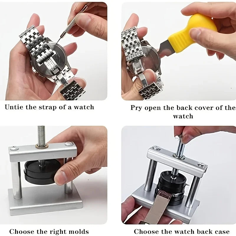 22pcs Watch Press Kit Watch Repair Tools with 18 Pressure Plates Ear Punch Dust Cloth Bent Knife Cover Presser Battery Tool