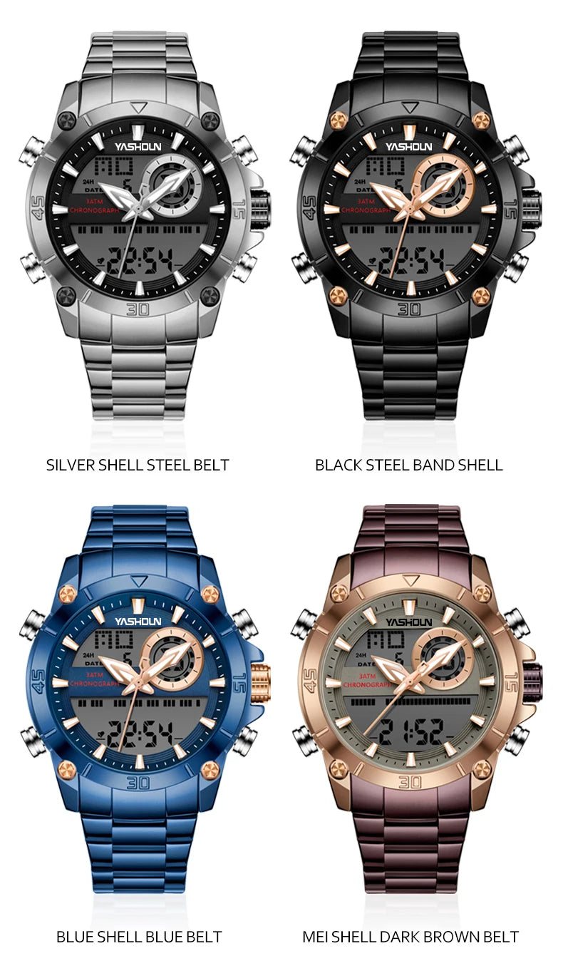 Multi-functional sports men's watch with dual movement electronic steel band luminous waterproof quartz wristwatch