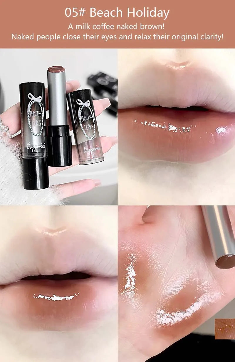 Pink Crystal Mirror Glass Solid Lip Gloss Round Tube Water Light Jelly Lipstick Moisturizing Clear Lip Glaze Nude Brown Lip Tint