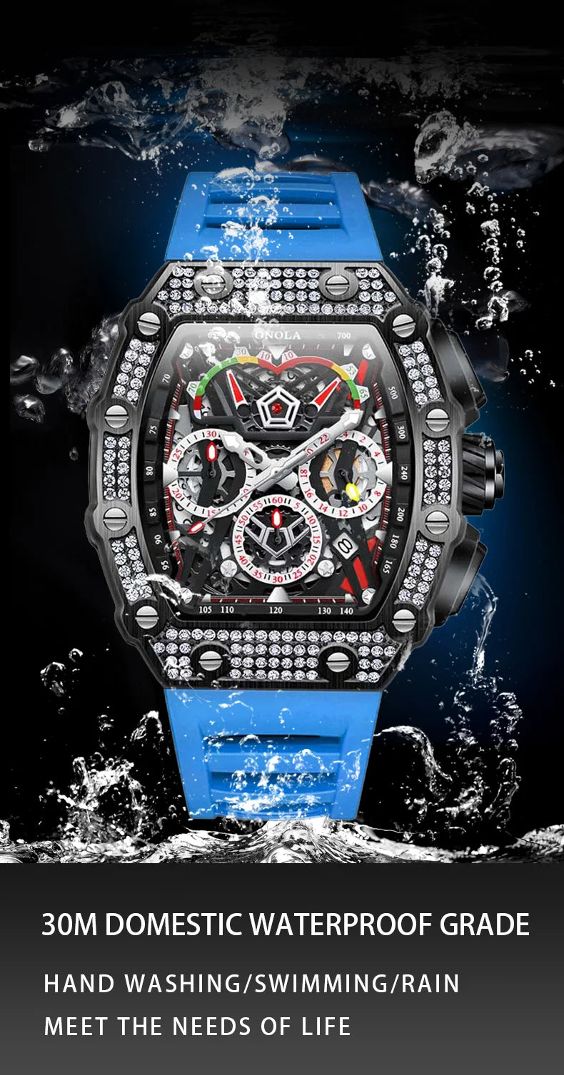 2022 New Men's Automatic Mechanical Watch ONOLA Fashion Unique Luxury Diamond Inlaid Design Waterproof Silicon Tape Watches Men