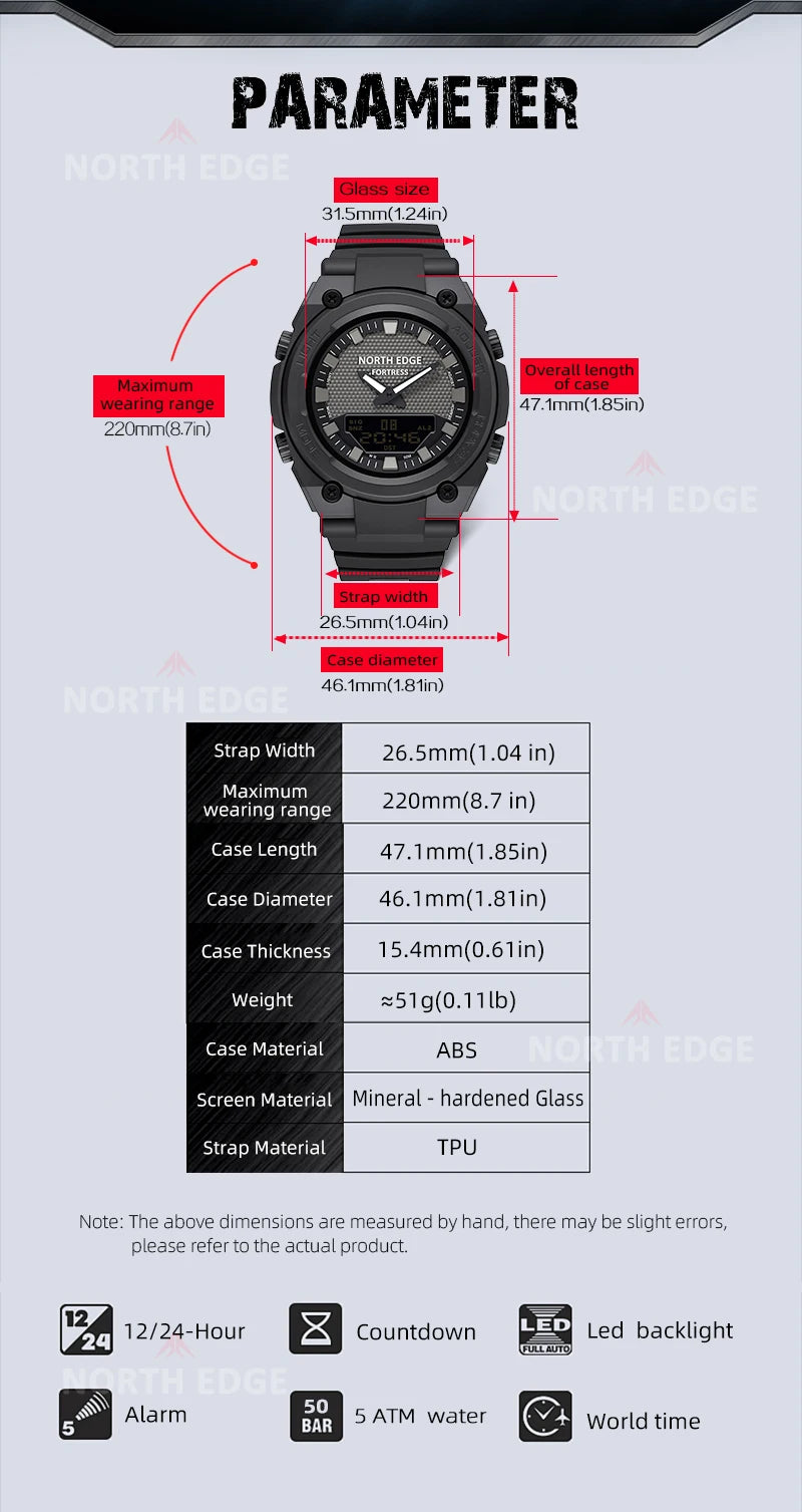 NORTH EDGE FORTRESS Men's Sports Watches Stopwatch Men's Digital Watches World Time Wristwatch relógios masculino Waterproof 50M