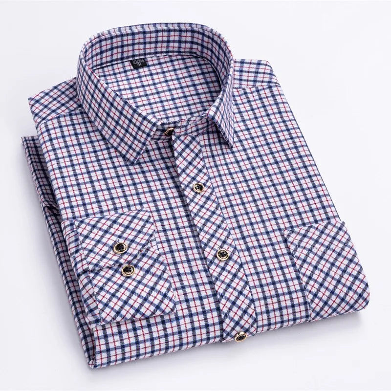 New Cotton Flannel Plaid Shirt For Men's Long Sleeve Regular-fit Brushed Single Pocket Soft Comfortable Casual Fashion Shirts