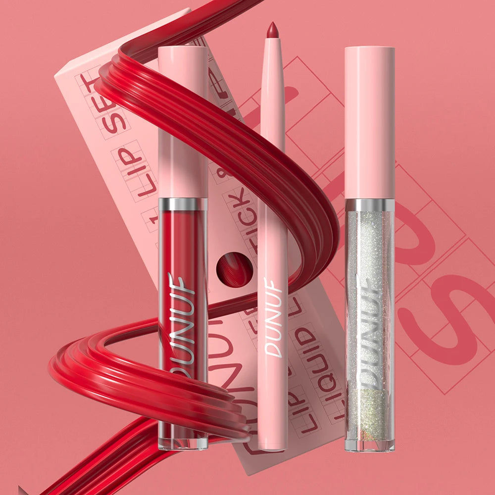 Matte Lip Liner Lip Gloss Lip Oil Set, 3-in-1 Waterproof Non-sticky Long-Lasting Lipstick, Nude Deep Red Mauve, Christmas Makeup