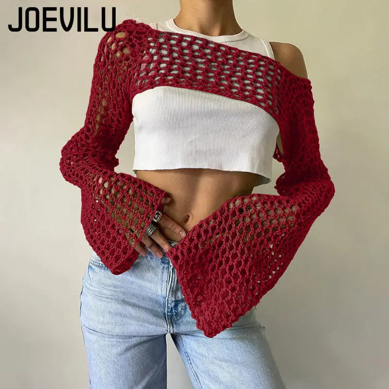 JOEVILU Cropped Knit Top Oversized Slimming Mesh Sunscreen Cover-Up Women's Thin Long Sleeve Breathable Sun Protection Blouses