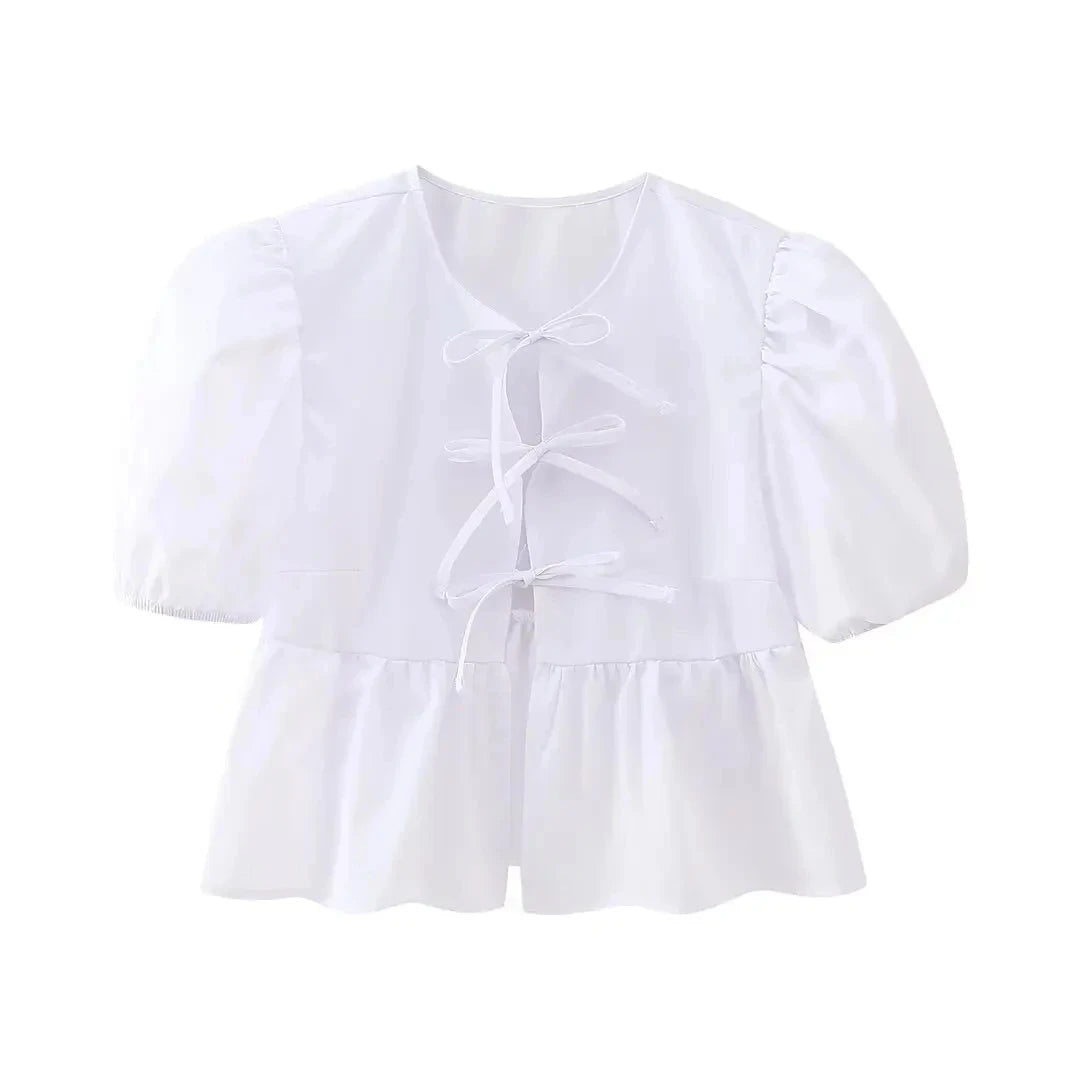 HH Women Causal O Neck Short Puff Sleeve Shirt Sweet White Bow Lace Up Tops 2024 New Fashion Chic Female Streetwear Blouse