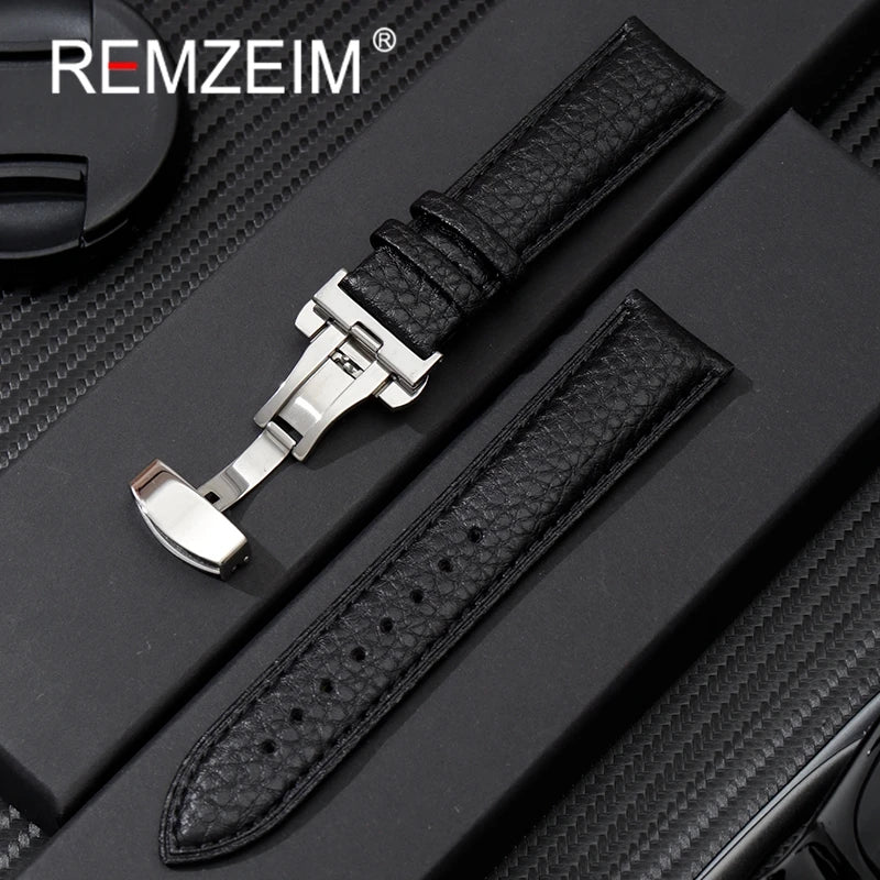 Litchi Grain Strap 18/20/22mm Watch Accessories Genuine Soft Leather Wristwatch Band With Butterfly Buckle