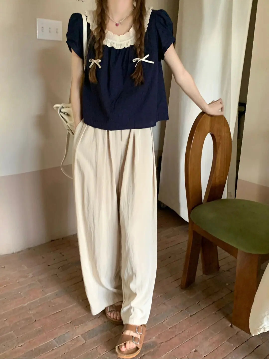 Women Summer 2025 New Short-sleeved Shirt Top High Waist Loose Wide-leg Pants Two-piece Set