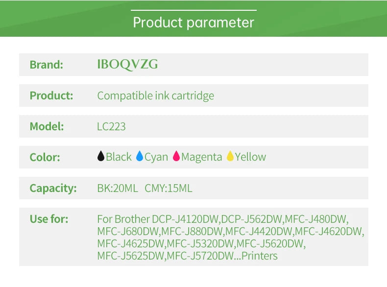 IBOQVZG Printer Cartridge Compatible For Brother LC223 LC221 Ink Cartridge MFC-J4420DW J4620DW J4625DW J5320DW J5620DW Printer